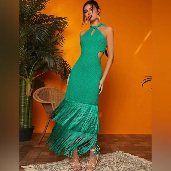 chinese dress ladies GIANINA FRINGED COWL NECK MAXI DRESS IN GREEN – AKIRA main image 1